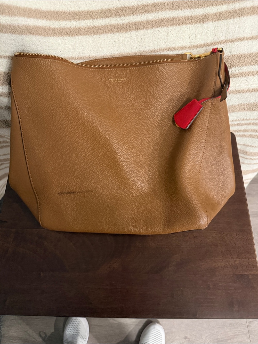 Tory Burch Pebbled Leather Tote in Tan with Red Tag